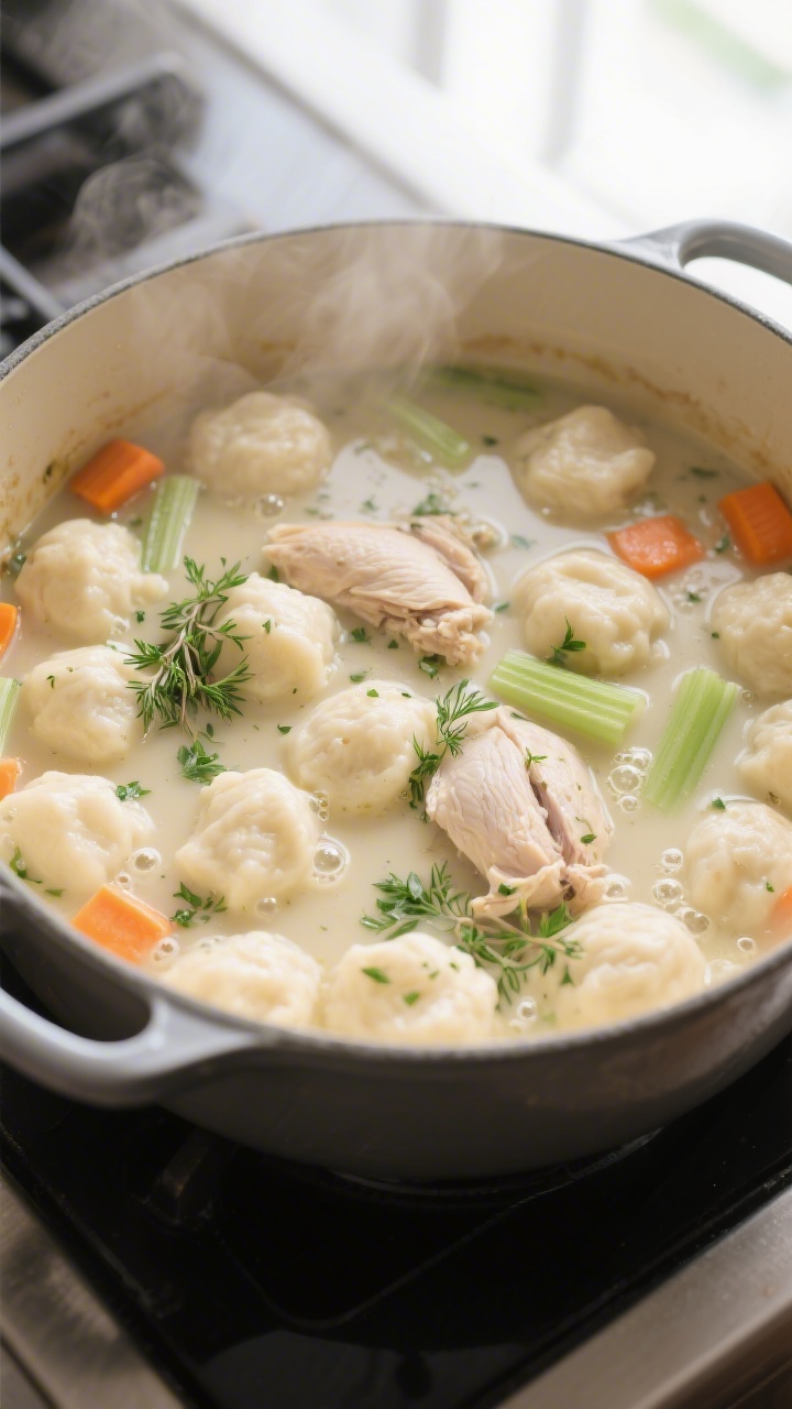 Cooking process close-up: Tender chicken and dumplings steaming in a creamy herb broth at a gentle s