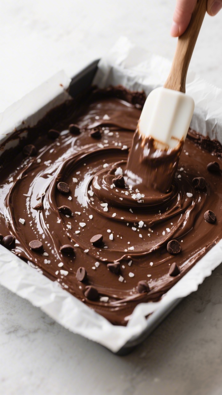 Cooking process close-up: Thick, glossy keto brownie batter being spread into a parchment-lined 8x8-