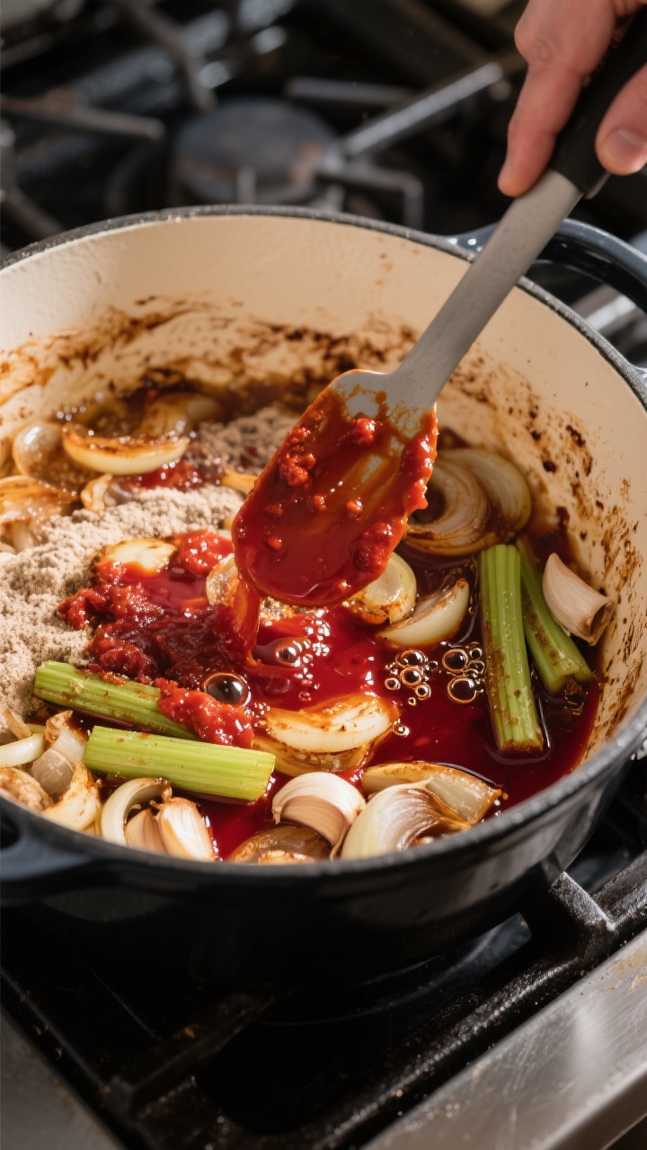 Beef Casserole - A Cozy, Hearty Family Favorite 4 Cooking process: Deglazing moment in the pot—sautéed onions, celery, and garlic coated with tomat