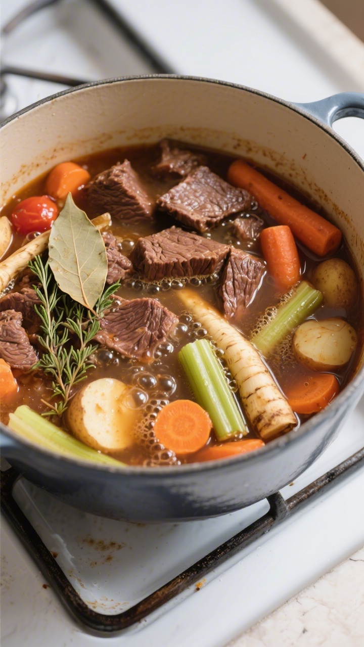 Cooking process: Dutch oven scene mid-simmer after deglazing—browned beef returned to the pot with