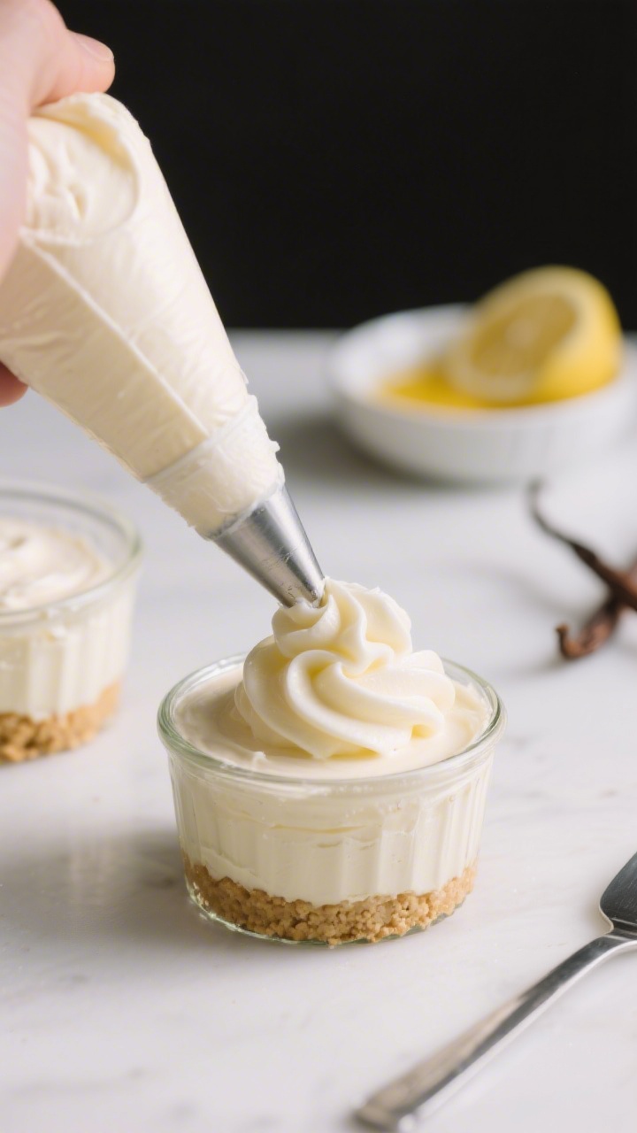 Cooking process: Fluffy no-bake cheesecake filling being piped in a smooth swirl over the chilled cr