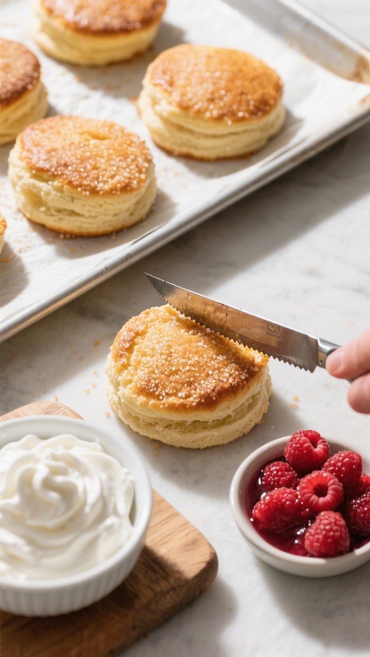 Cooking process: Freshly baked shortcakes on a parchment-lined baking sheet right out of the 425°F 