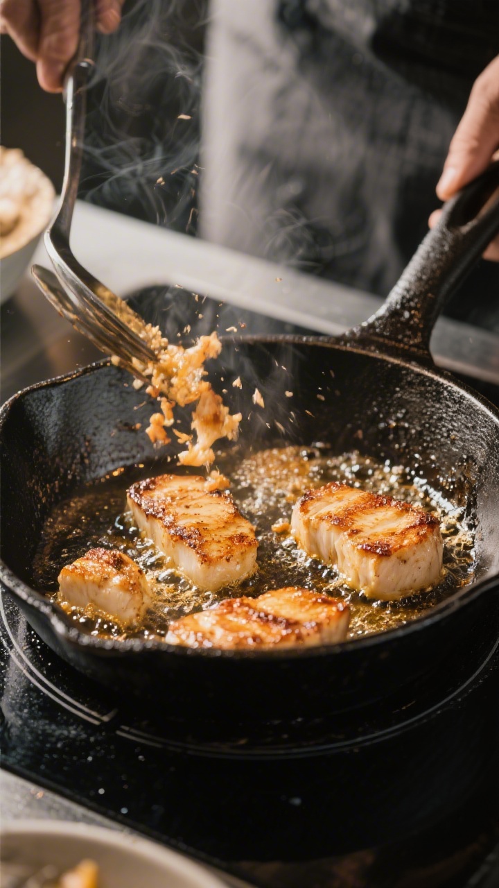 Cooking process: Mid-fry action shot in a heavy cast-iron skillet with