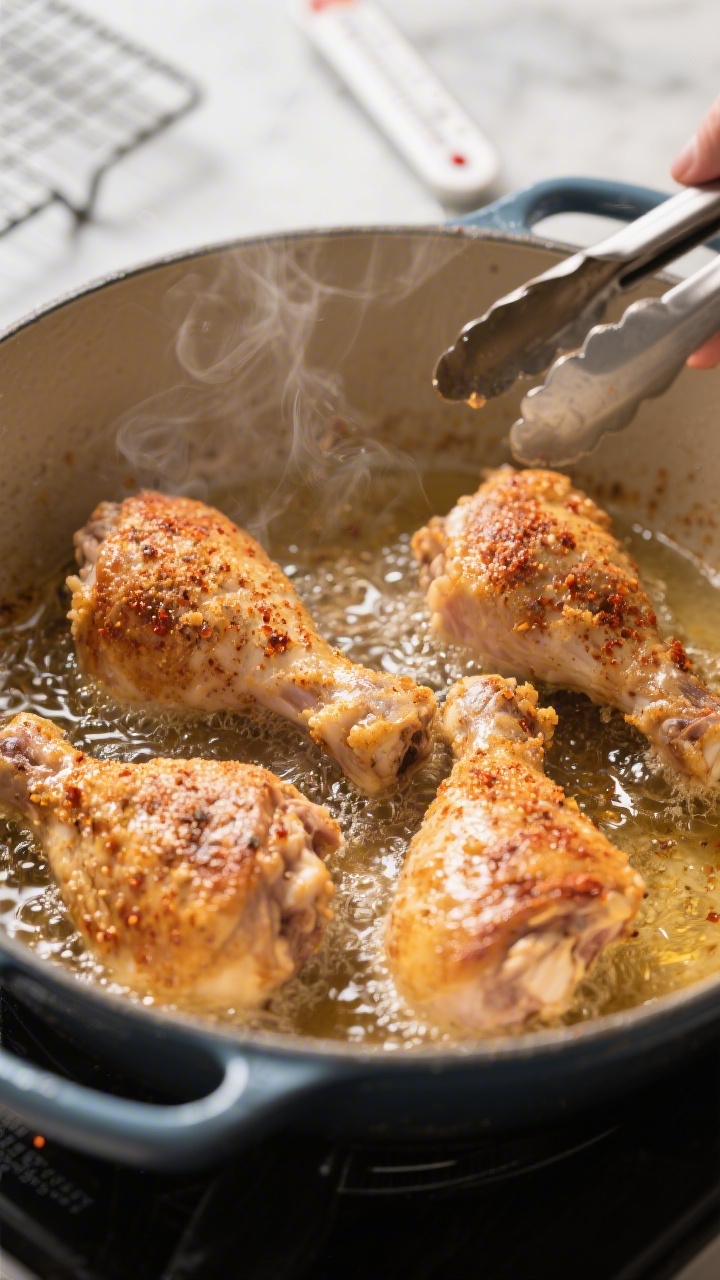 Cooking process, mid-fry close-up: Bone-in chicken thighs and drumsticks sizzling in a Dutch oven at