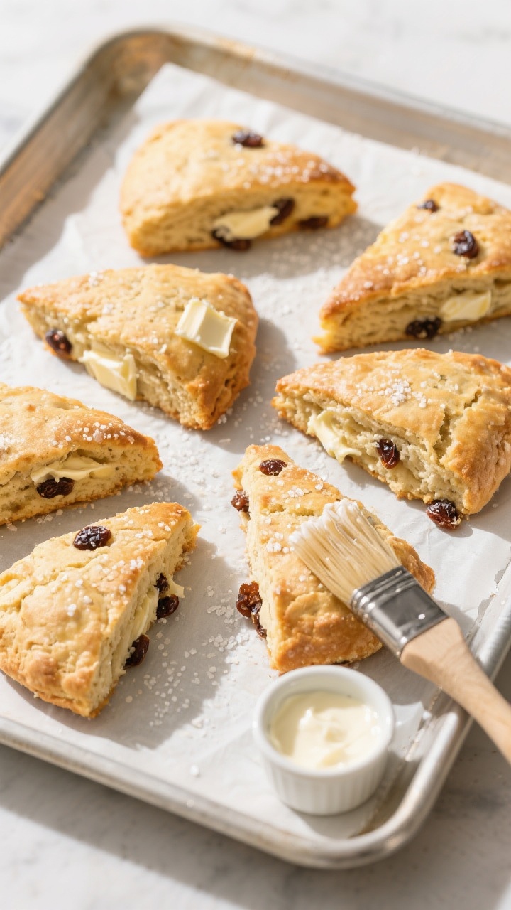 Cooking process: Overhead shot of 8 wedge-cut raisin scones on a parchment-lined baking sheet just o