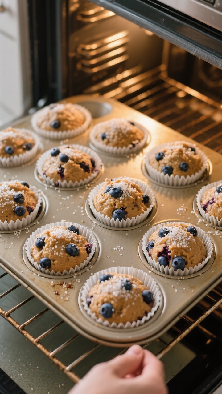 Cooking process: Overhead shot of a 12-cup muffin tin just filled to the brim with thick blueberry-s