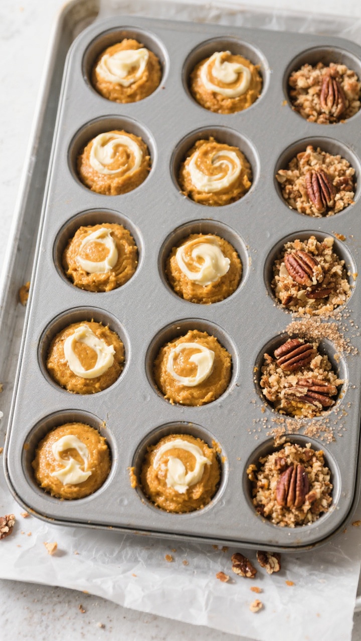 Cooking process: Overhead shot of a 12-cup muffin tin just filled to the brim with pumpkin muffin ba