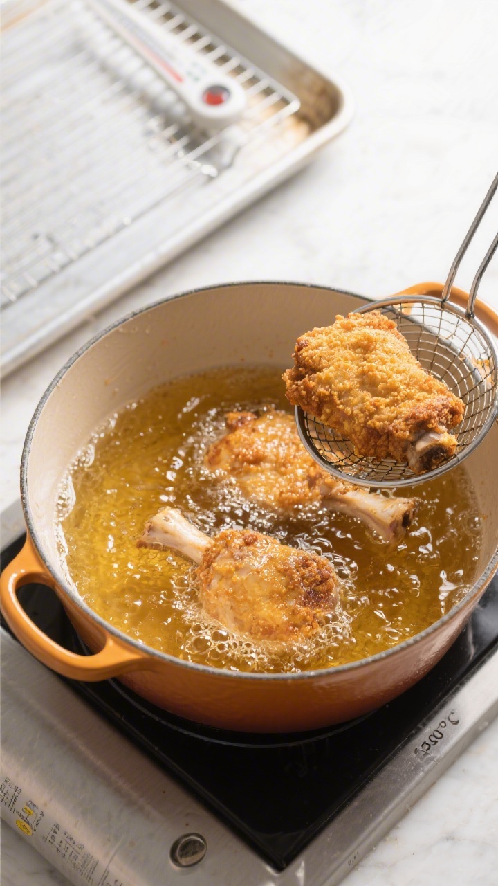 Cooking process: Overhead shot of a Dutch oven with 2 inches of hot oil at 350°F, two bone-in piece