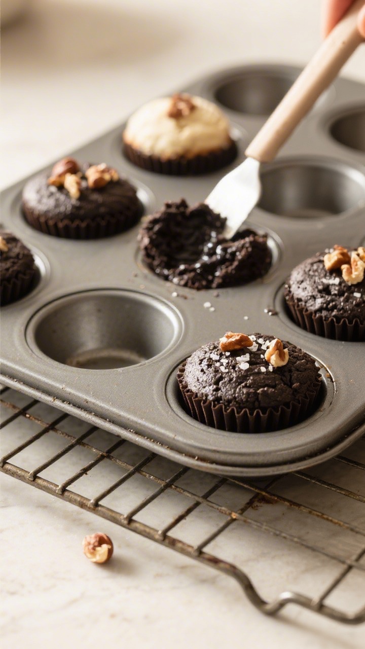 Cooking process: Overhead shot of a greased mini muffin tin just out of the oven with perfectly set 