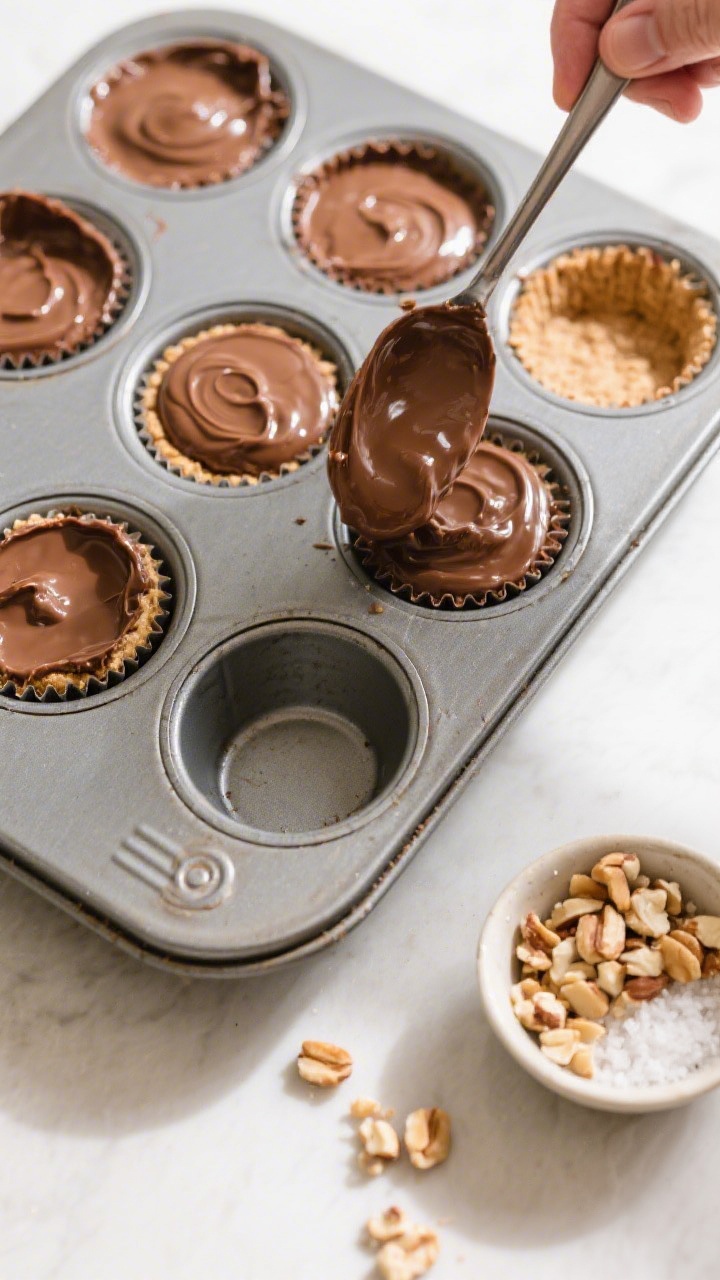 Frozen Peanut Butter Nutella Cups - A Creamy, Crunchy, No-Bake Treat 3 Cooking process: Overhead shot of a lined mini muffin tin mid-assembly—peanut base already set and