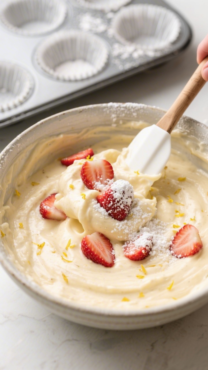 Cooking process: Overhead shot of a mixing bowl with finished batter being gently folded with floure
