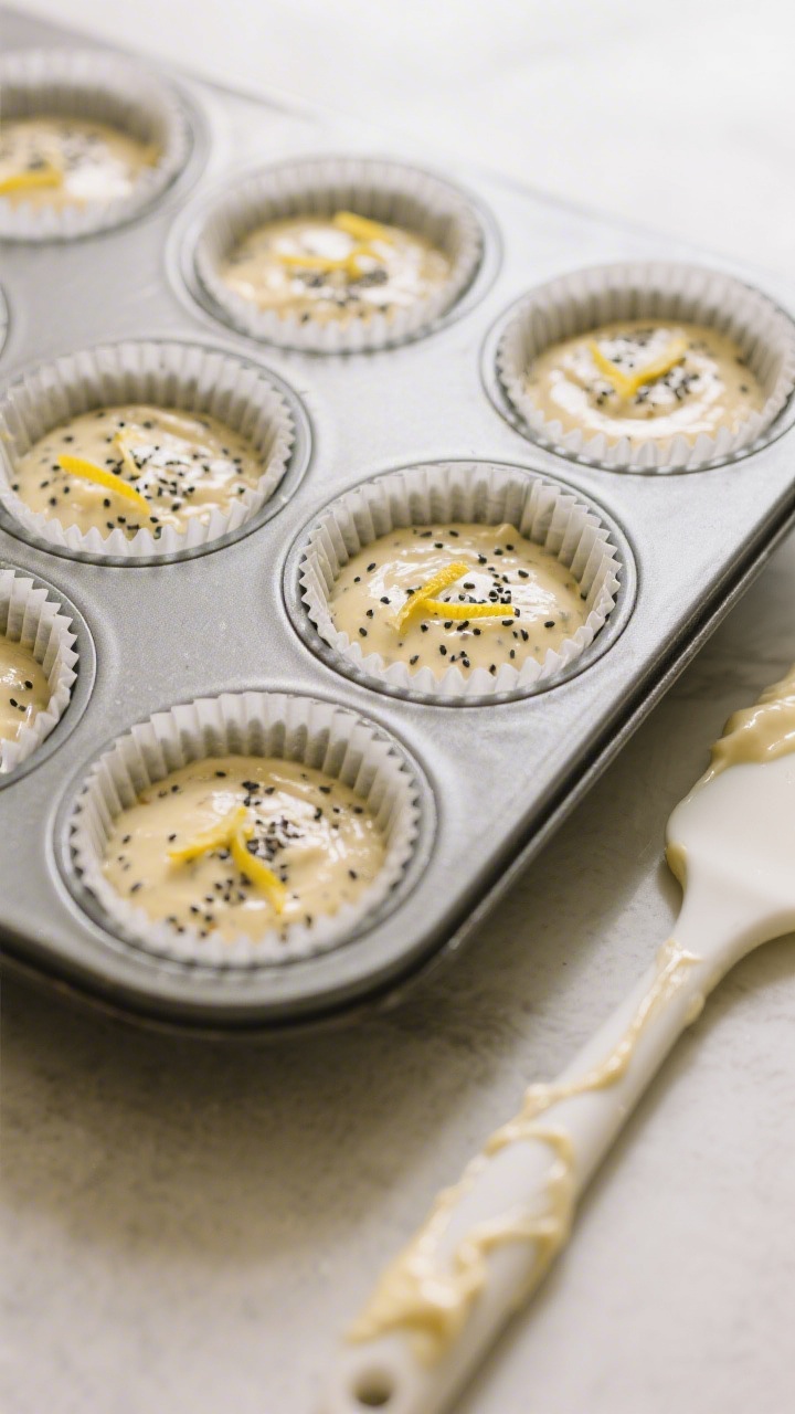 Lemon Poppy Seed Muffins – Bright, Tender, and Easy 3 Cooking process: Overhead shot of a muffin tin filled 3/4 full with lemon poppy seed batter resting