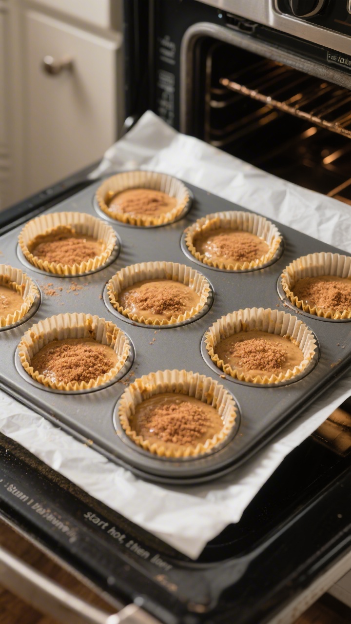 Cooking process: Overhead shot of a muffin tin just filled 3/4 full with chai-spiced batter, each cu