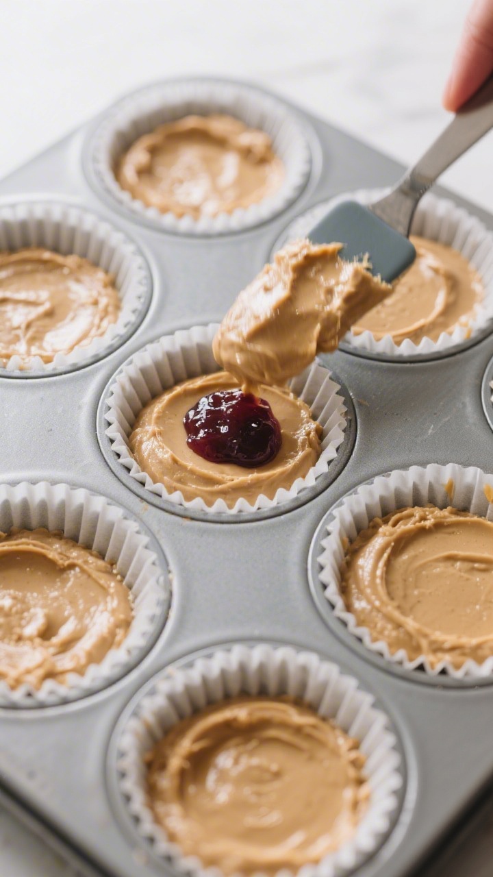 Cooking process: Overhead shot of a muffin tin lined with papers showing the assembly step—bottom 