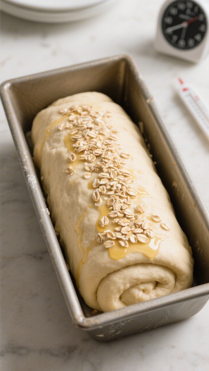 Cooking process: Overhead shot of a shaped honey oat dough log nestled seam-side down in a greased 9