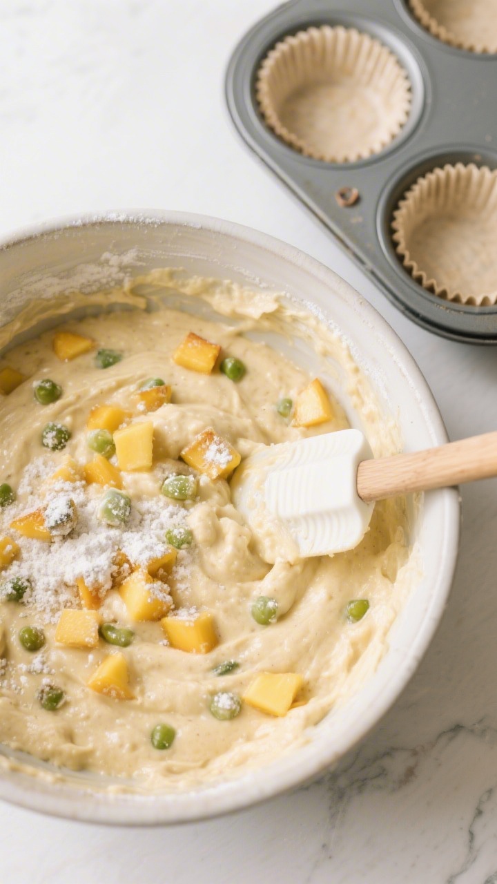Cooking process: Overhead shot of a thick, just-folded muffin batter in a mixing bowl, showing evenl