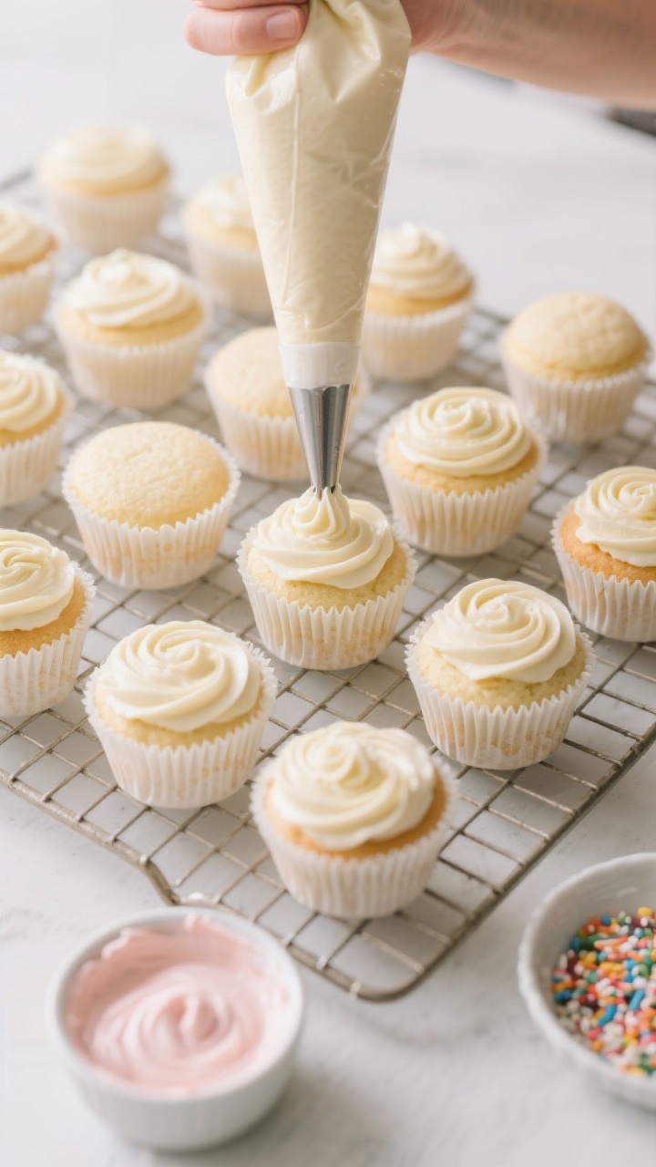 Cooking process: Overhead shot of a wire rack filled with evenly domed vanilla cupcakes just cooled,