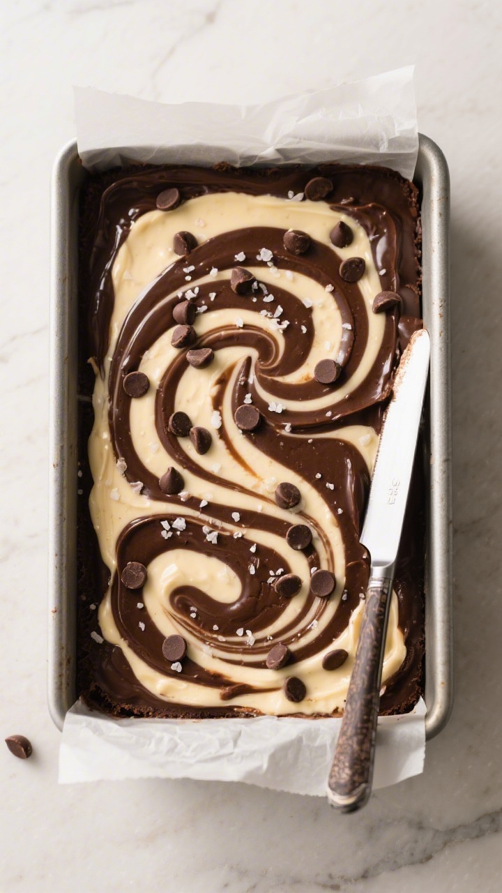 Cooking process: Overhead shot of an 8-inch square pan just swirled and ready to bake—broad S-shap