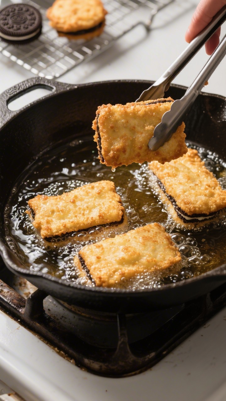 Cooking process: Overhead shot of battered Oreo sandwiches gently frying in a heavy pot of oil at 35