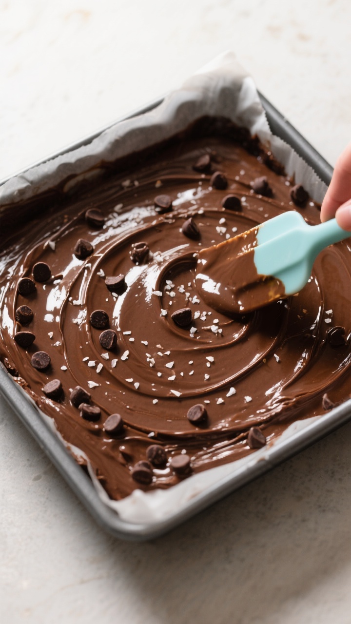 Cooking process: Overhead shot of brownie batter being spread smoothly into a parchment-lined 8-inch