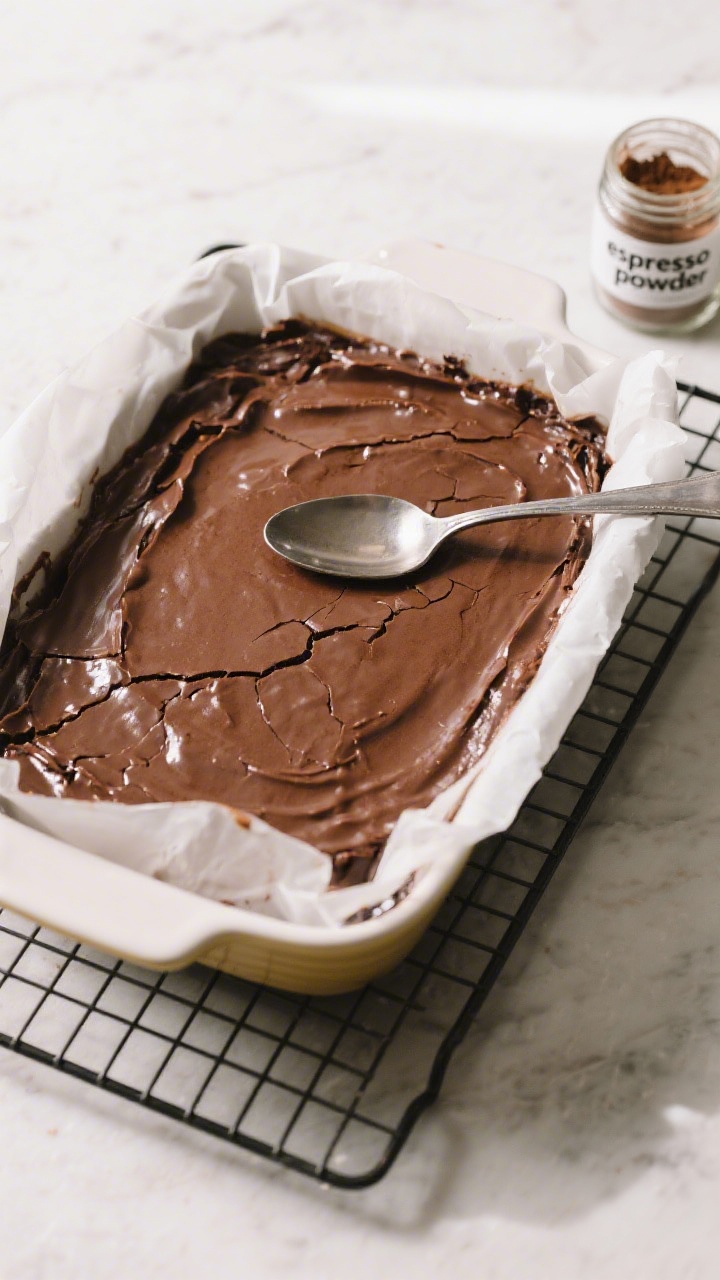 Cooking process: Overhead shot of brownie pudding just out of the oven resting on a cooling rack in 