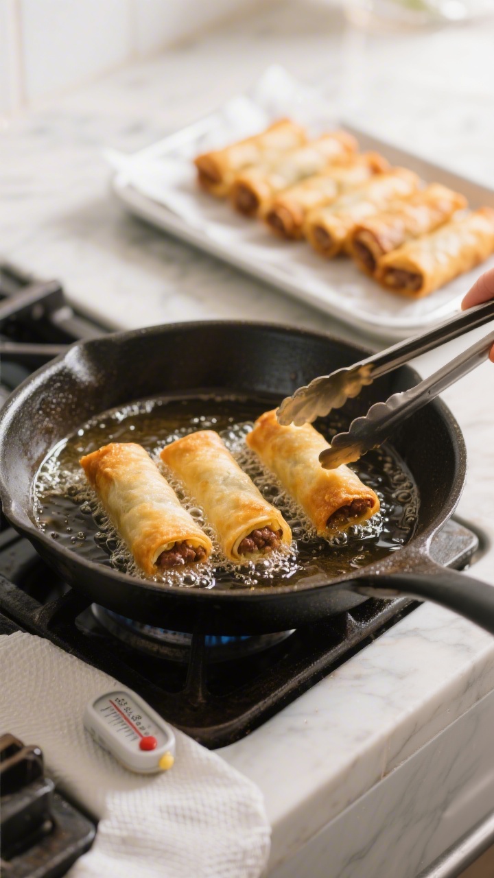 Cooking process: Overhead shot of cheeseburger egg rolls sizzling in a heavy skillet of 350–360°F