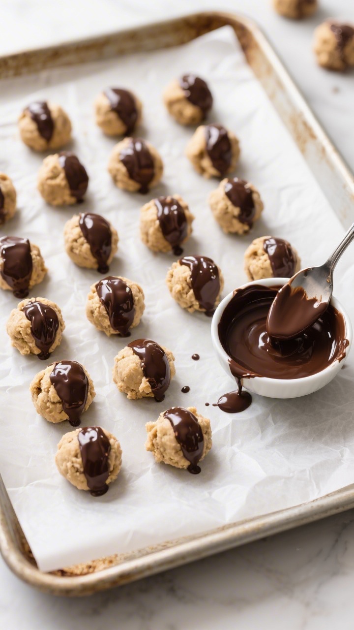 Cooking process: Overhead shot of chilled, fully formed truffle balls (cookie dough wrapped around f