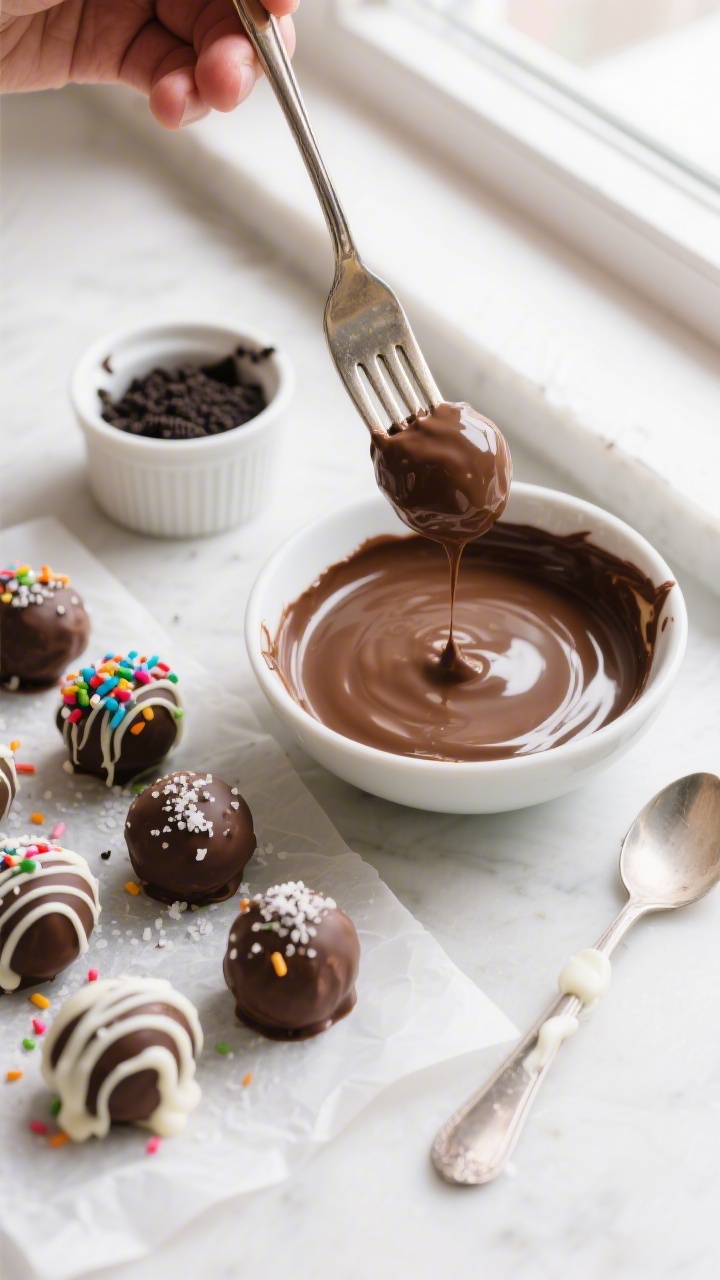 Cooking process: Overhead shot of chilled Oreo truffle balls being dipped using a fork over a bowl o