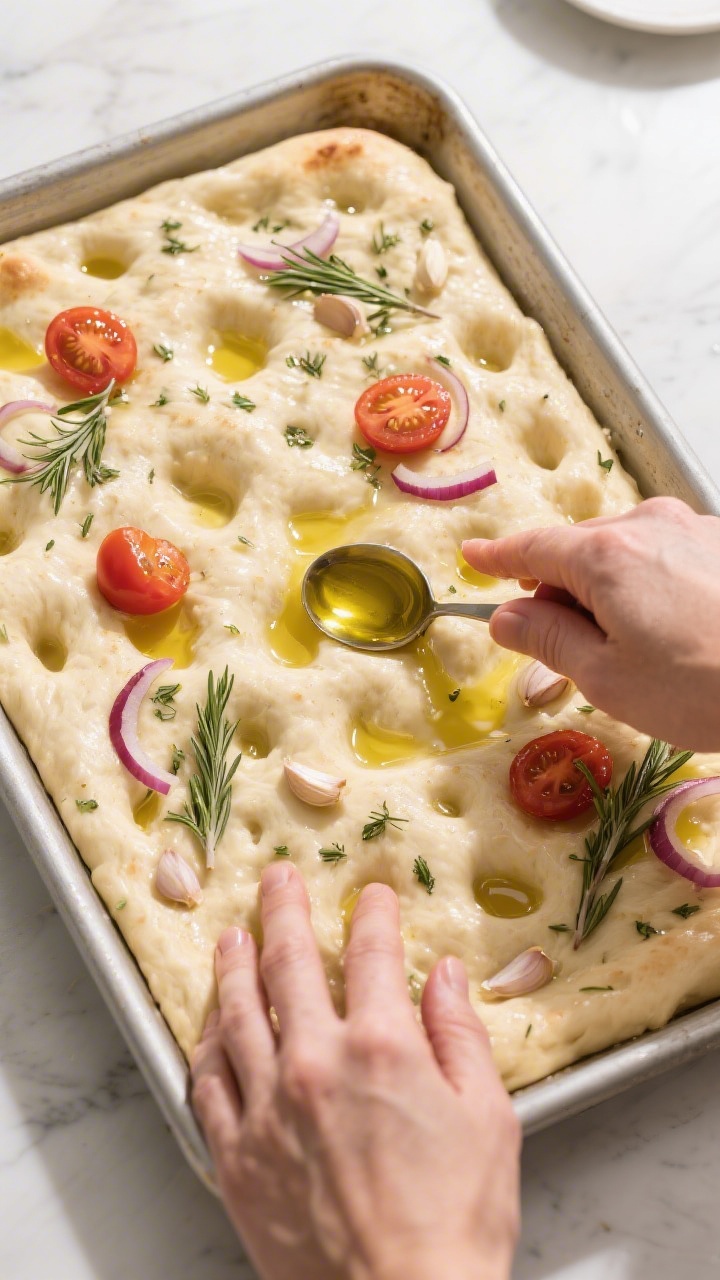 Garlic Herb Focaccia - Soft, Fragrant, and Perfect for Sharing 3 Cooking process: Overhead shot of focaccia dough in a generously oiled 9x13 pan during the “dimpli