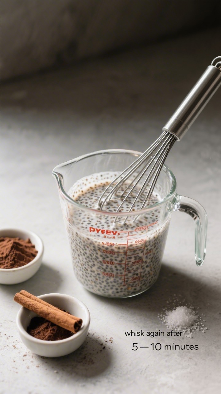 Cooking process: Overhead shot of freshly mixed chia pudding base after the second whisk, captured i