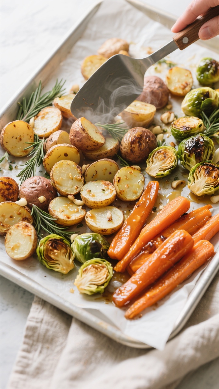 Cooking process: Overhead shot of rosemary-garlic roasted potatoes and maple-glazed carrots with Bru