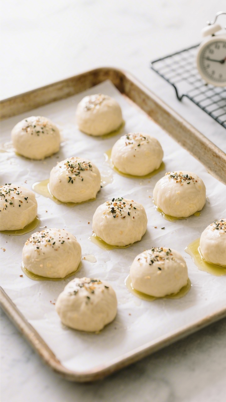Cooking process: Overhead shot of shaped keto roll dough balls on a parchment-lined baking sheet jus