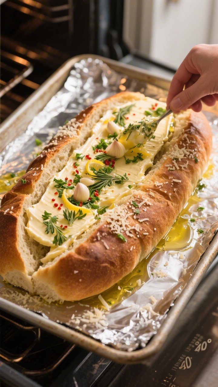 Cooking process: Overhead shot of split Italian loaf on a foil-lined baking sheet being generously c