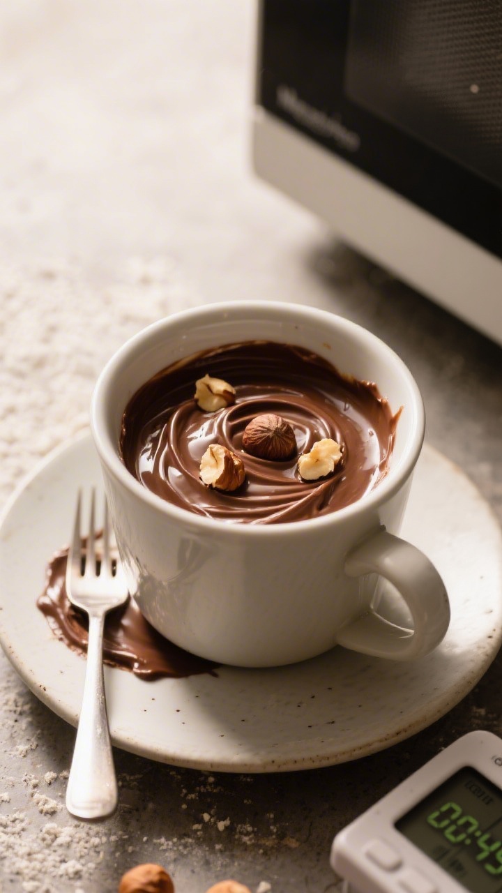 Cooking process: Overhead shot of the batter stage in the mug, showing a smooth, glossy Nutella-and-
