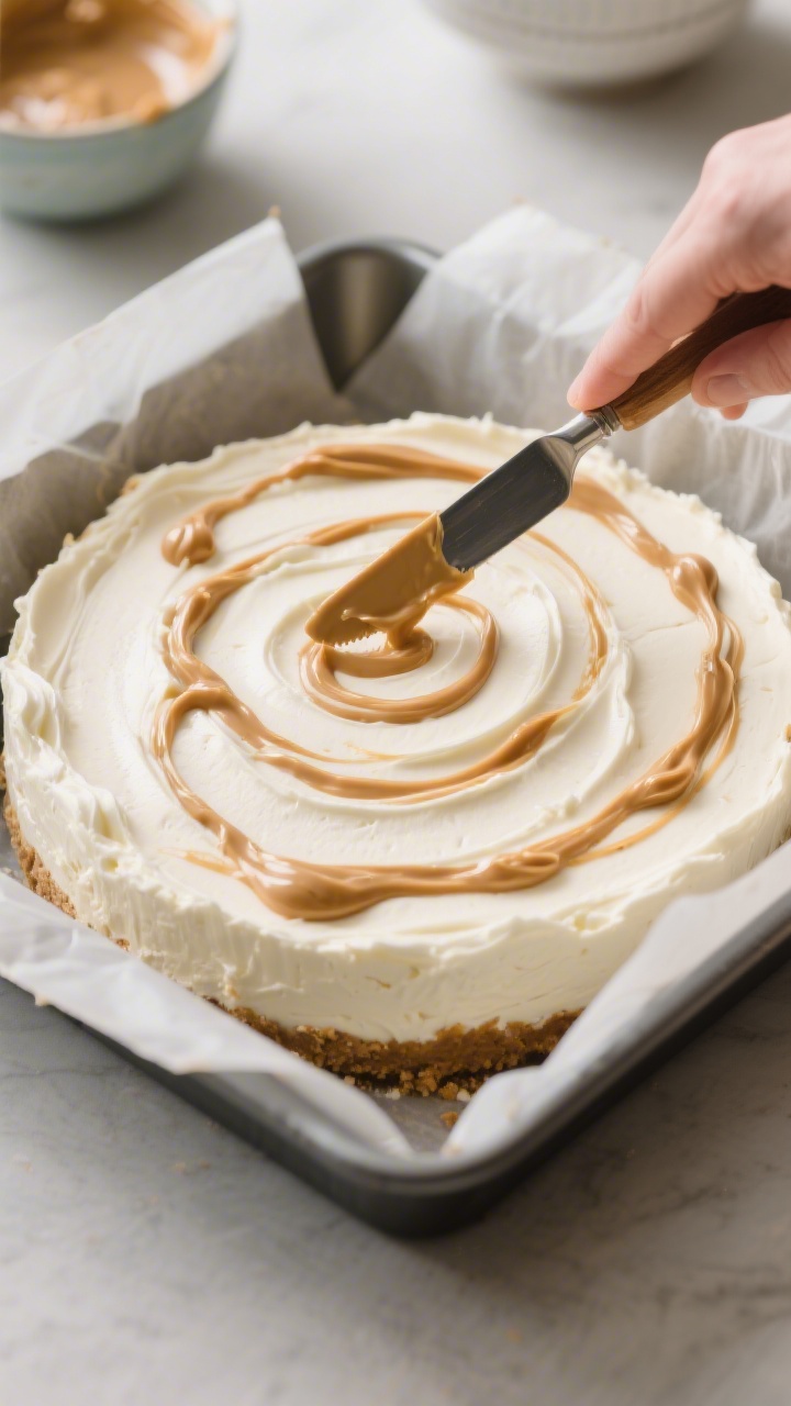 Cooking process: Overhead shot of the cheesecake layer being swirled with pourable peanut butter usi