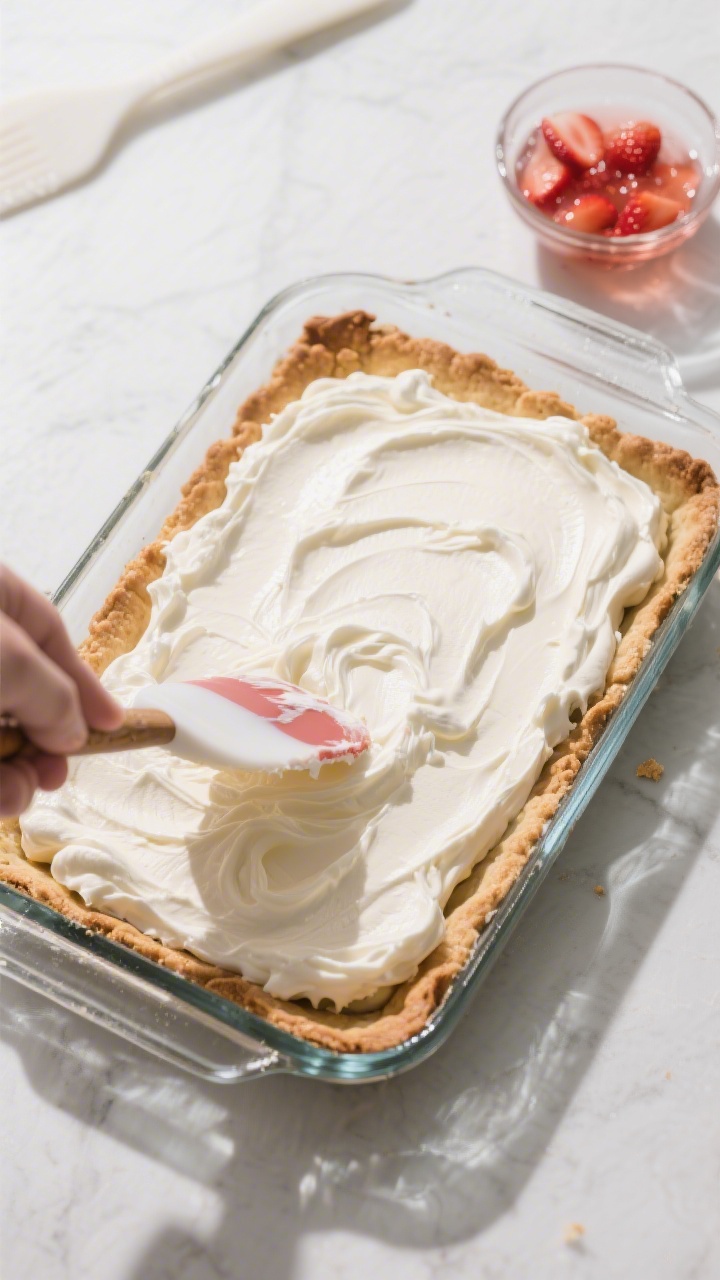 Strawberry Pretzel Salad - A Sweet, Salty, and Creamy Classic 3 Cooking process: Overhead shot of the cream cheese layer being evenly spread over a fully cooled, ba