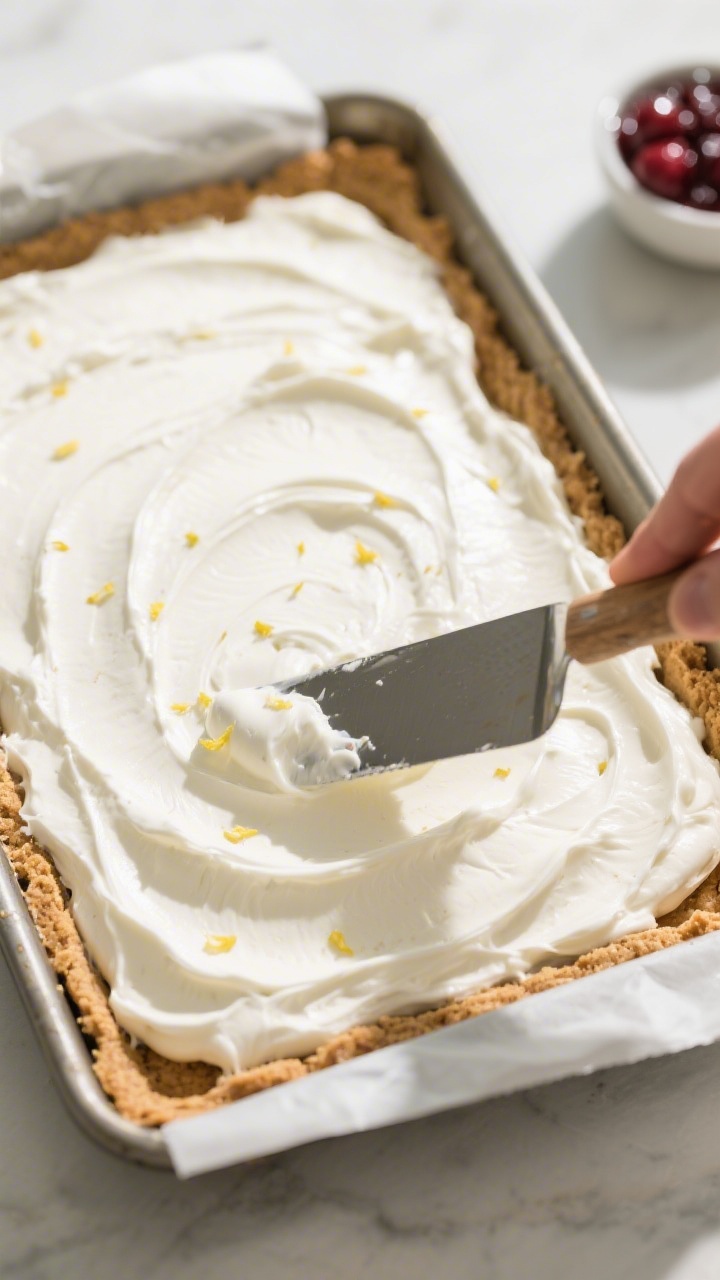Cooking process: Overhead shot of the cream layer being smoothed over the chilled graham cracker cru