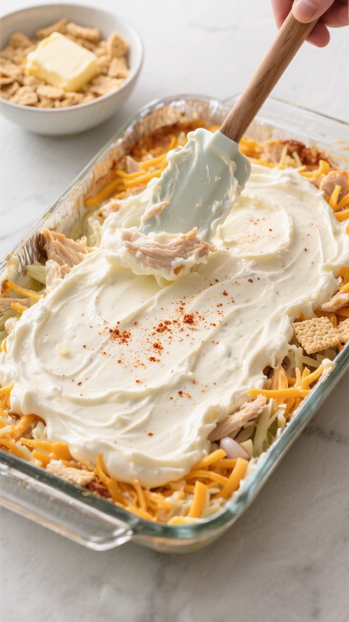 Million Dollar Chicken Casserole - Cozy, Creamy, and Crowd-Pleasing 3 Cooking process: Overhead shot of the creamy chicken mixture being spread evenly into the greased ba