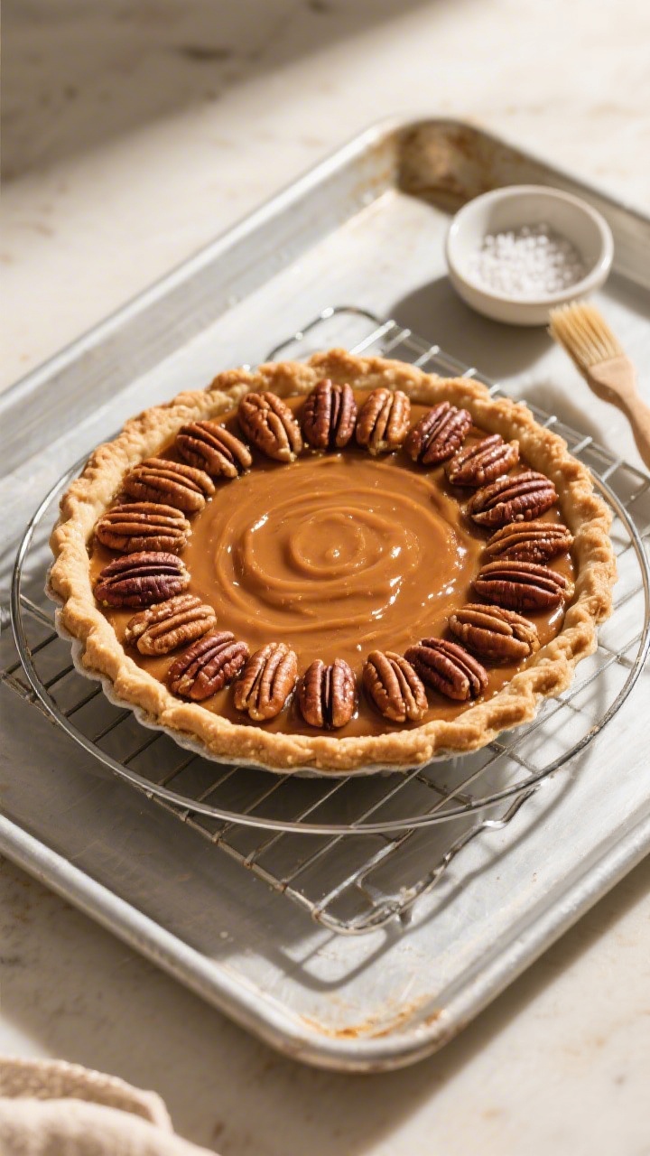 Cooking process: Overhead shot of the pie just out of the oven on a cooling rack, edges shield remov
