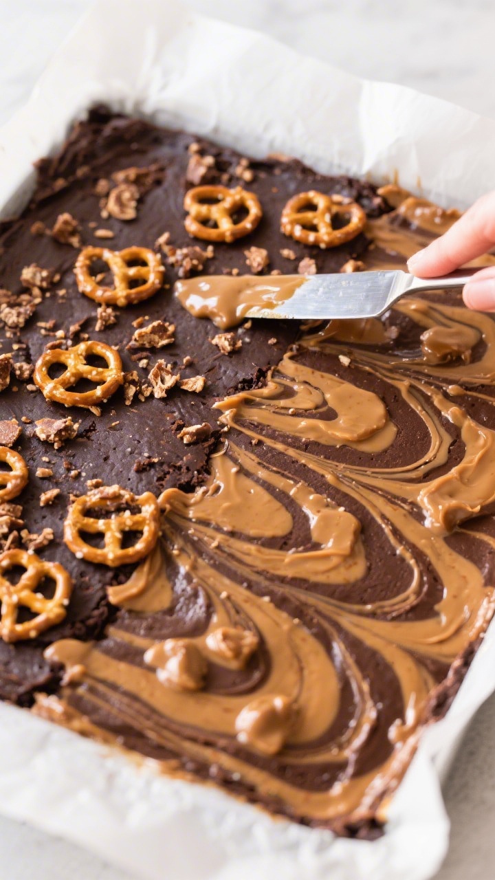 Salted Caramel Pretzel Brownies - Soft, Chewy, and Sweet-Salty Bliss 3 Cooking process: Overhead shot of the second swirl step—half the batter already spread, dollops an