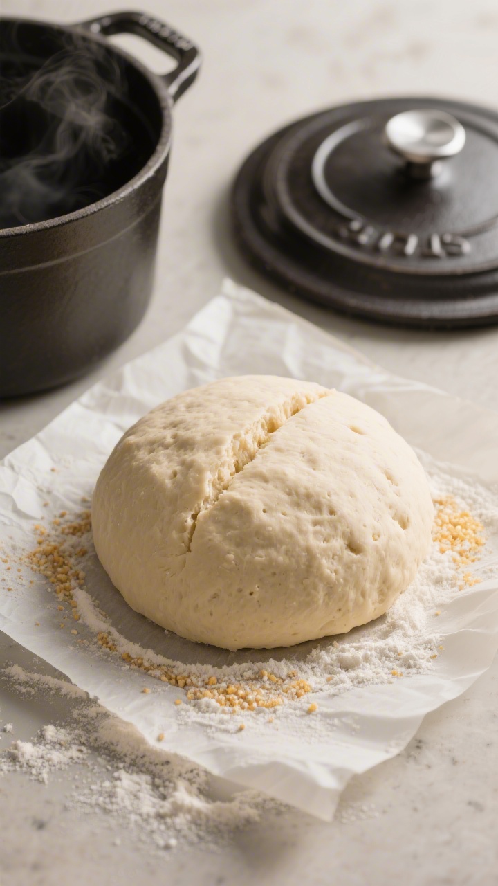 Cooking process: Overhead shot of the shaped round dough just before baking, sitting on parchment du
