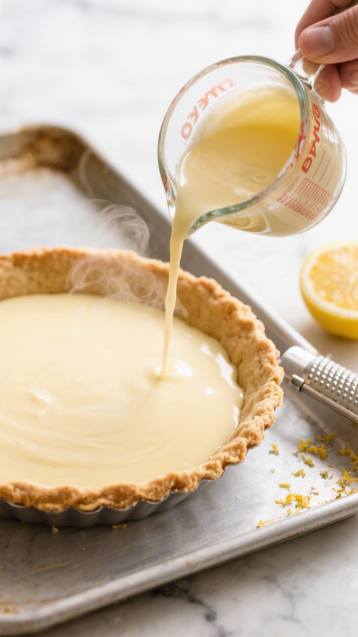 Cooking process: Overhead shot of the strained custard being poured from a spouted measuring cup int