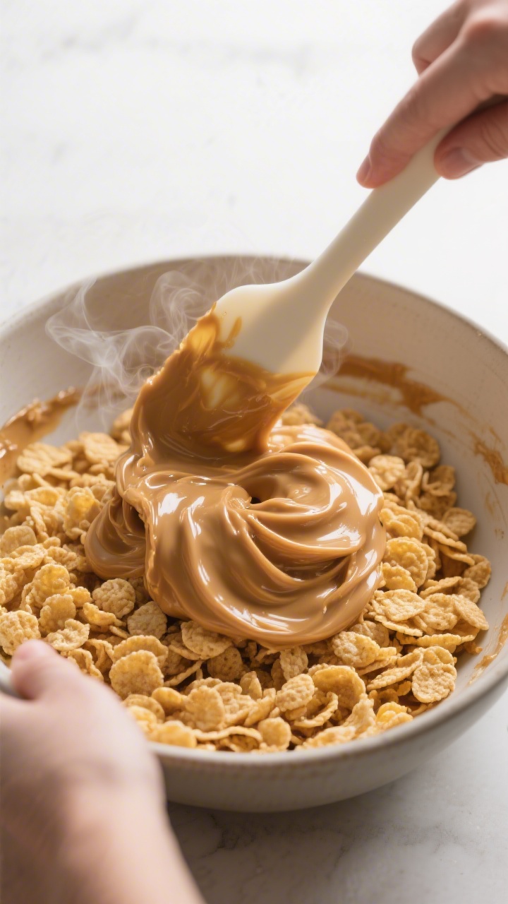 Cooking process: Overhead shot of the warm peanut butter–corn syrup mixture being folded through a