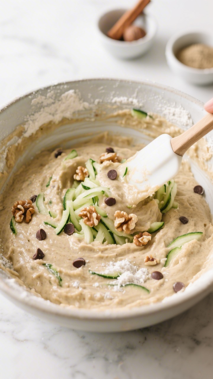 Cooking process: Overhead shot of thick, slightly lumpy zucchini bread batter being gently folded in