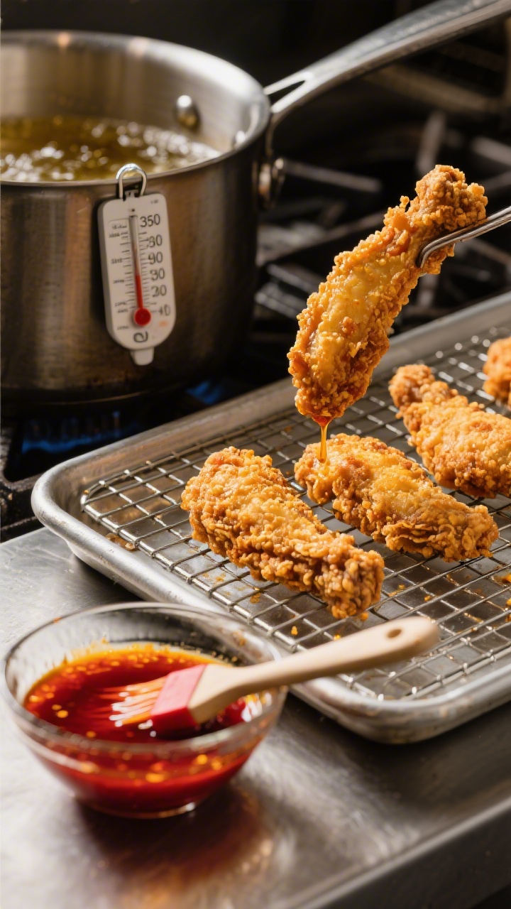 Cooking process shot: golden, double-dredged tenders just lifted from 350°F oil in a heavy pot, dra