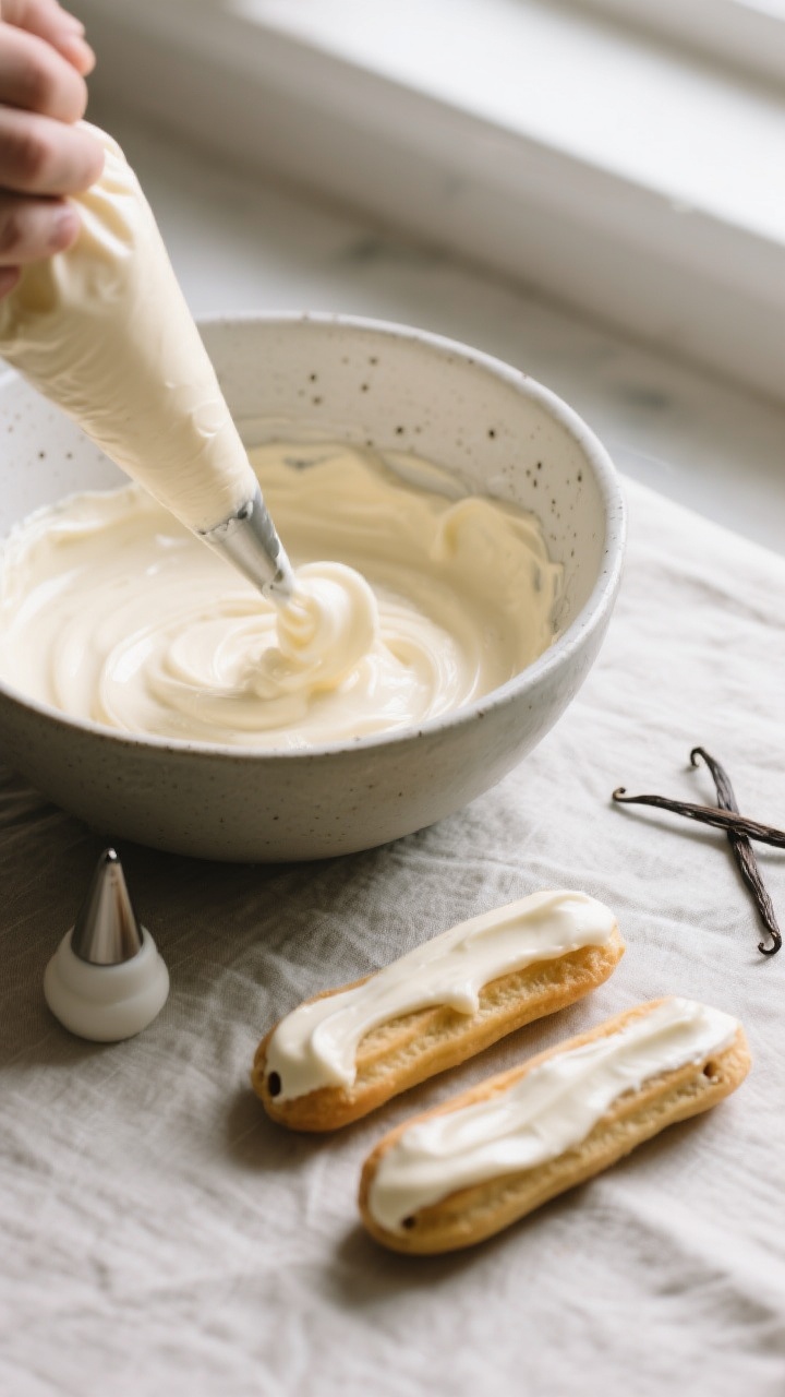 Cooking process shot: overhead view of a mixing bowl with thick, chilled vanilla pastry cream being 