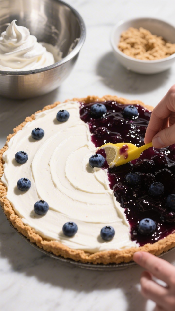 No Bake Blueberry Yum Yum - A Creamy, Classic Dessert Without the Oven 3 Cooking process shot: Overhead view of the assembly stage with the first half of the cream layer smo