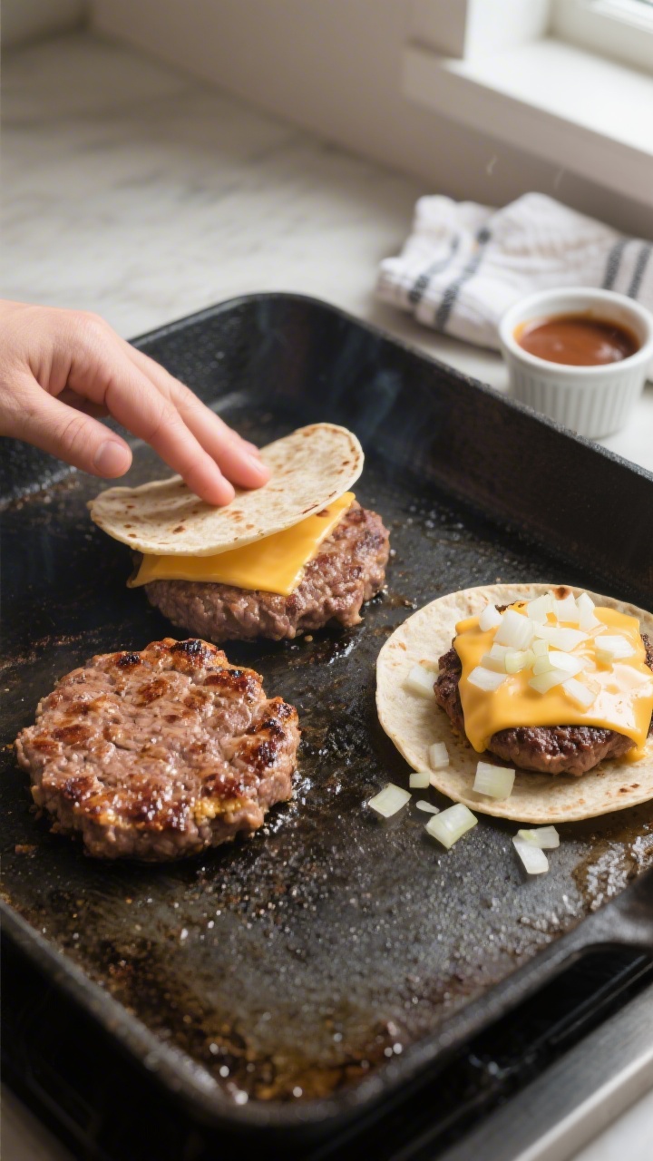 Cooking process: Smash burger tacos being prepared on a hot cast-iron griddle, overhead angle. Three