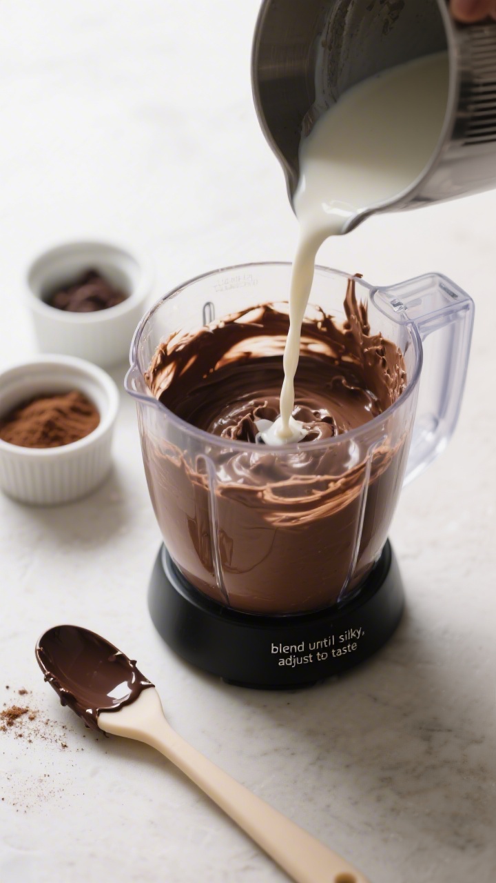Cooking process: The mousse mixture mid-prep in a high-speed blender jar—velvety chocolate base cl