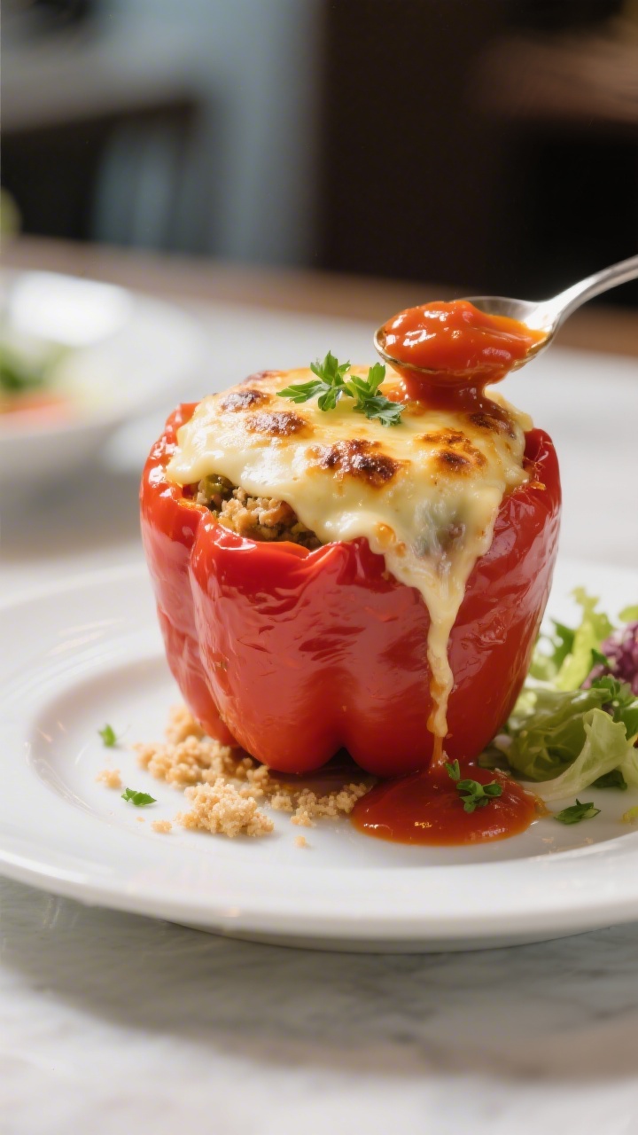 Final dish, plated beauty shot: A single stuffed red bell pepper upright on a white ceramic plate, c